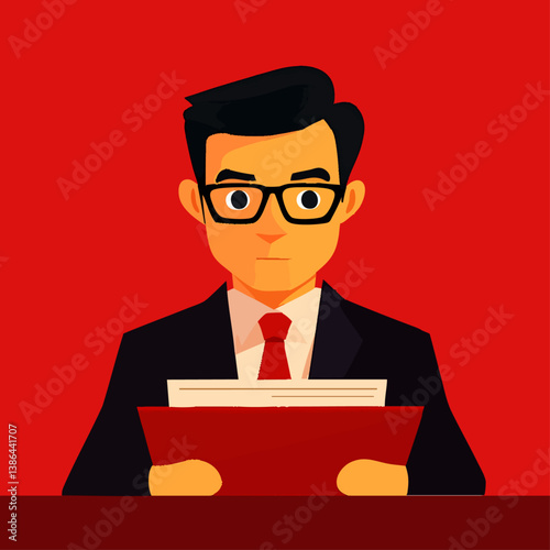 A formal vector illustration of a banker reviewing financial documents