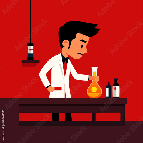 A precise vector illustration of a scientist examining a glowing flask in a lab