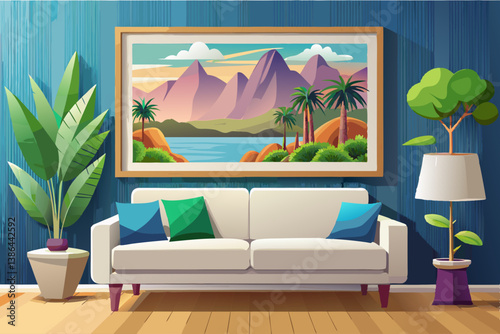 vector of A large photo with a white frame hangs on the wall of the room with the couch