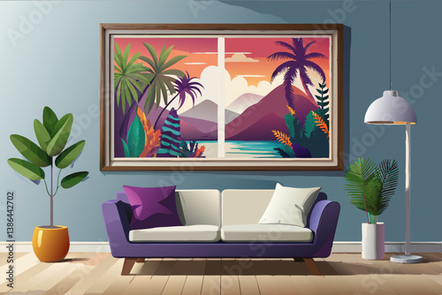 vector of A large photo with a white frame hangs on the wall of the room with the couch