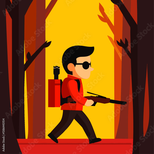 A stealthy vector illustration of a hunter tracking through a dense forest