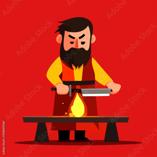 A strong vector illustration of a blacksmith forging a glowing metal sword