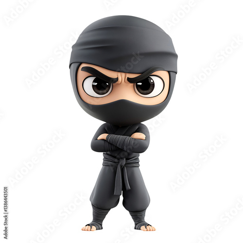 A 3D Black Ninja Character with Suspicious Expression Isolated on Transparent Background