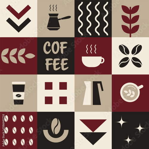 Abstract Coffee Pattern. Seamless Geometric Print with Simple Elements. Mosaic. Trendy Flat Style Background. Sample can be used for Packaging, Cover, Wrapping, Mugs. Vector in Black, Dark Red, Beige.