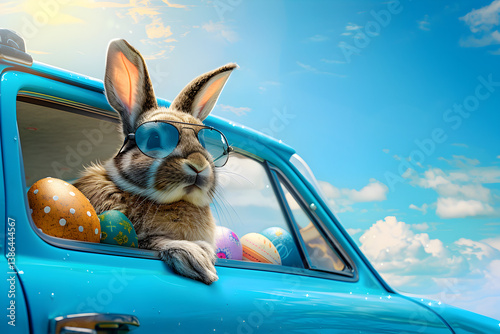 White Easter Bunny with Sunglasses in a Blue Car Surrounded by Colorful Eggs Bunny Showing from a Car