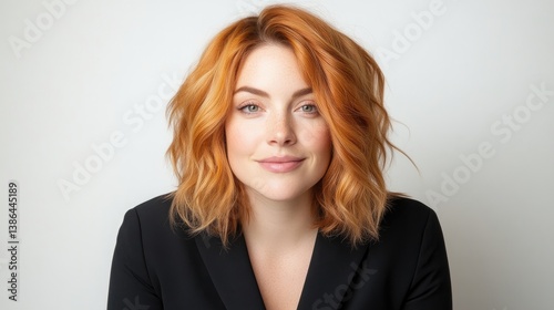 Confident young businesswoman with vibrant red hair smiling in a professional headshot against a white studio background.