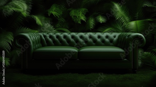 Dark green leather sofa in lush jungle setting