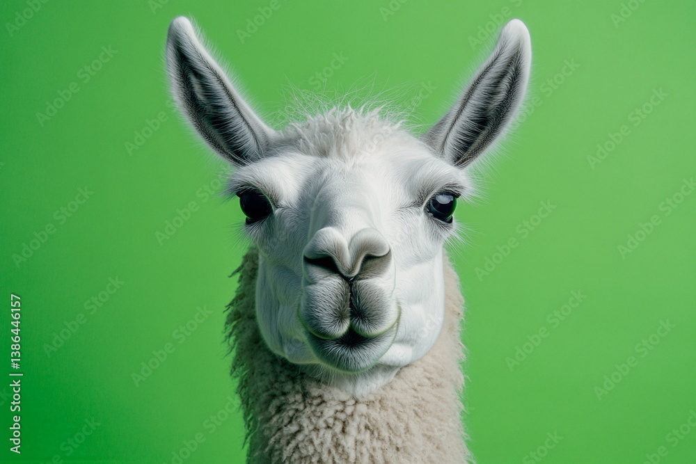 Obraz premium Llama portrait on a green background with direct gaze. Clean and focused, the image has a modern editorial quality, ideal for creative stock use.
