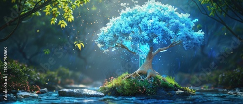 A serene blue tree stands majestically on a small island surrounded by a tranquil stream, with soft light filtering through the lush greenery, creating a magical atmosphere