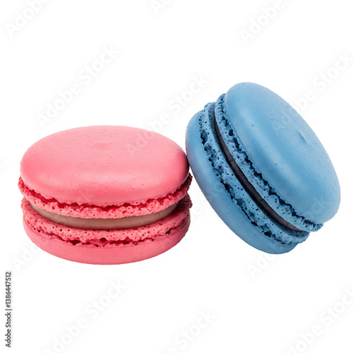 two macaroons in raspberry and blueberry isolated on white background