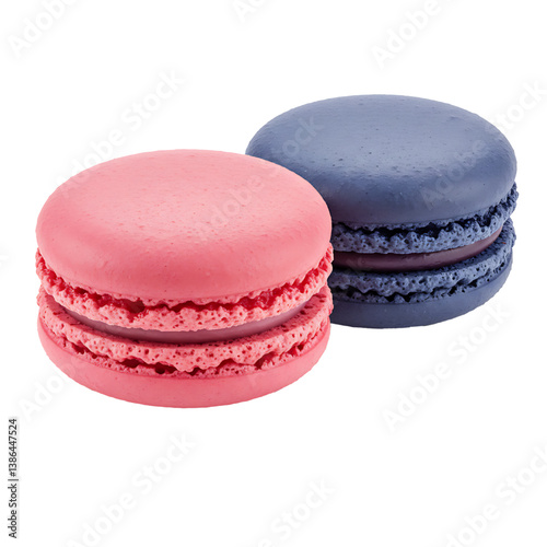 two macaroons in raspberry and blueberry isolated on white background
