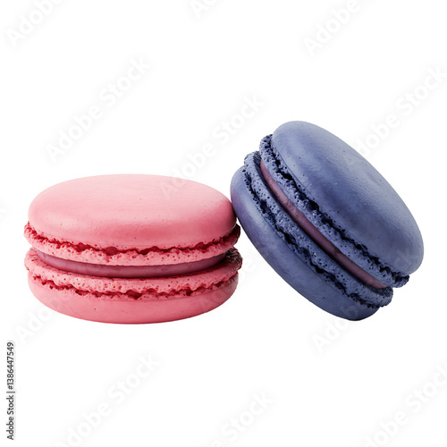 two macaroons in raspberry and blueberry isolated on white background