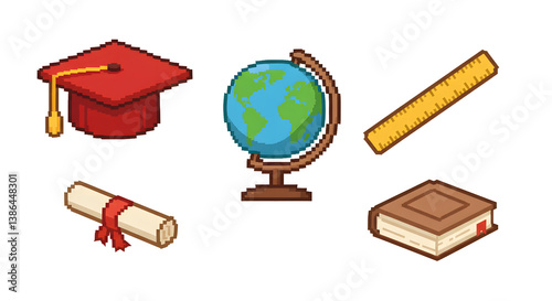 school supplies pixel art icons, back to school, 80s, 90s, old arcade game item style, pencil, pen, globe, vector illustration 