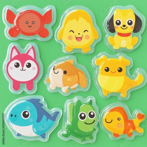 Nine Cheerful Cartoon Animals on Green Background