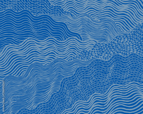 Hand drawn brush lines abstract collage waves and water with stitching texture pattern, Japanese Sashiko traditional embroidery handcraft inspired surface experimental design background for textile