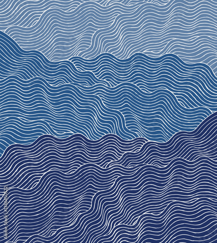 Hand drawn thin brush lines abstract minimal waves and water pattern in blue, Japanese, ethnic handcrafted, wood carving textured background, simple ripple graphic for textile, carpet,