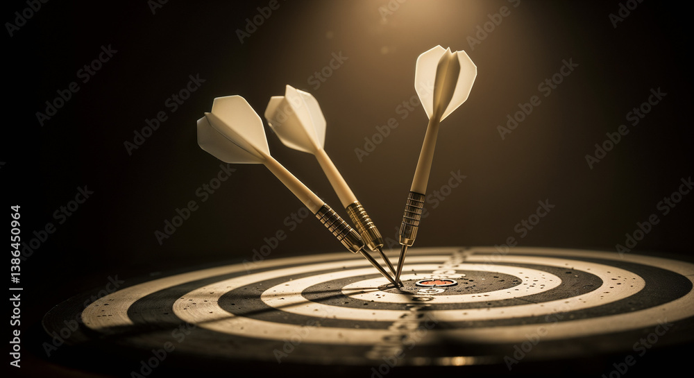 Fototapeta premium Three Darts Hit Bullseye Target Success Accuracy Spotlight