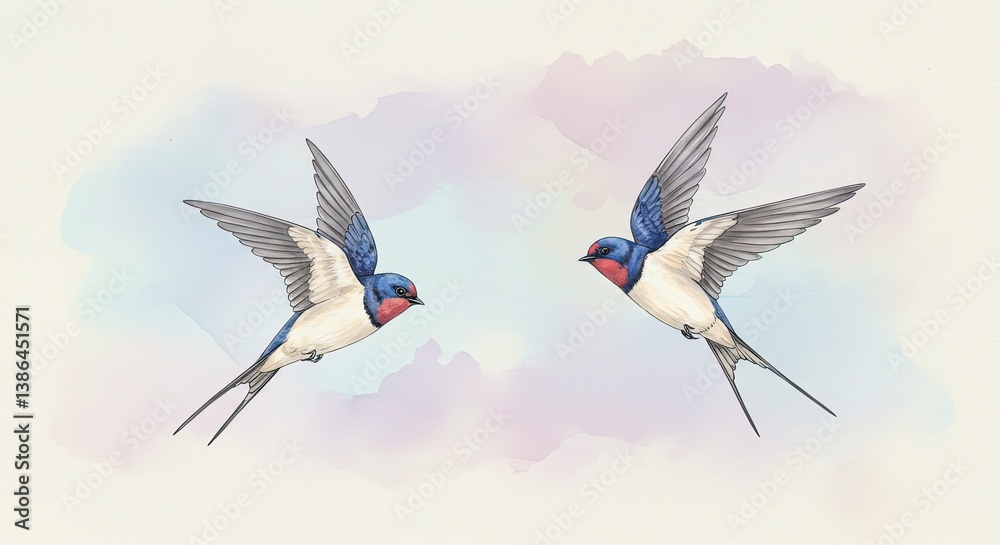 Fototapeta premium Two elegant barn swallows with outstretched wings in flight against a soft pastel watercolor background, concept for spring, nature's awakening and freedom.