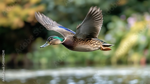 Mallard duck in flight over water photo