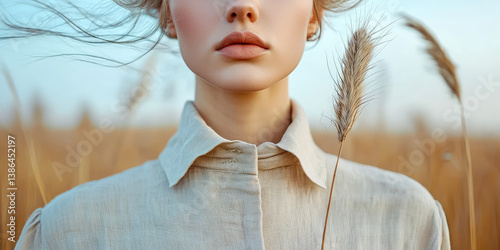 Young stylish serious woman wearing beige color natural linen fabric dress. Ecological fashion creative concept.
