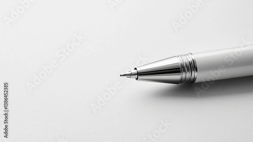 Silver ballpoint pen lying diagonally on a white sur