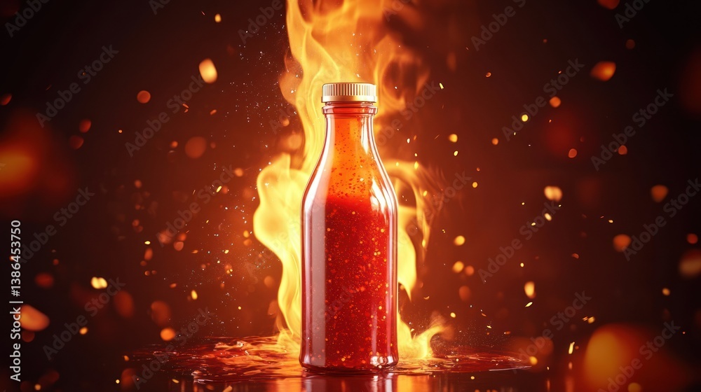 A bottle of hot sauce surrounded by flames and particles A bottle of hot sauce surrounded by flames and particles