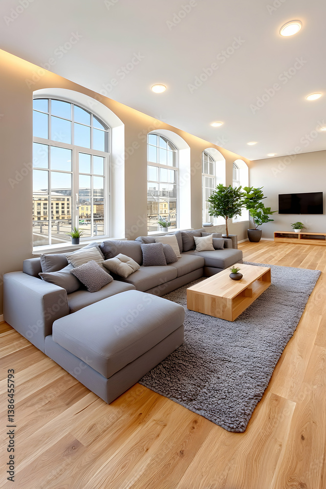 Fototapeta premium Modern living room with large windows, gray sectional sofa, light wood floors, and a cozy rug
