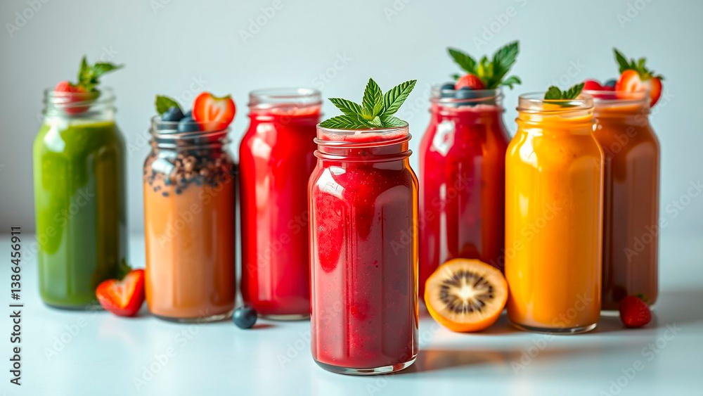 A vibrant array of colorful, fresh fruit and vegetable smoothies are displayed in glass jars, garnished with fruit and herbs, conveying health. A vibrant array of colorful, fresh fruit and vegetable smoothies are displayed in glass jars, garnished with fruit and herbs, conveying health.