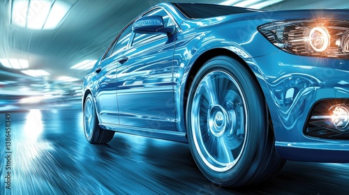 Blue Car Speed Motion Blur: Fast Transportation on Highway. Automotive Design, Luxury Sedan, Night Drive, Dynamic Energy
