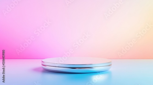 A sleek metallic platform on a gradient pastel background, minimalist design with soft lighting, and modern and abstract composition for product display.