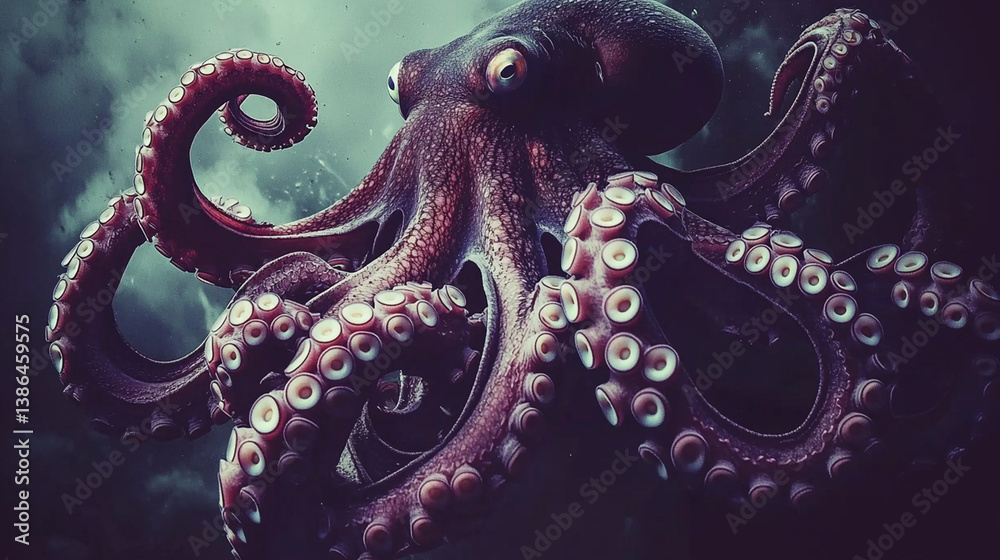Obraz premium Giant octopus underwater, dark background, ocean mystery, marine life, nature
