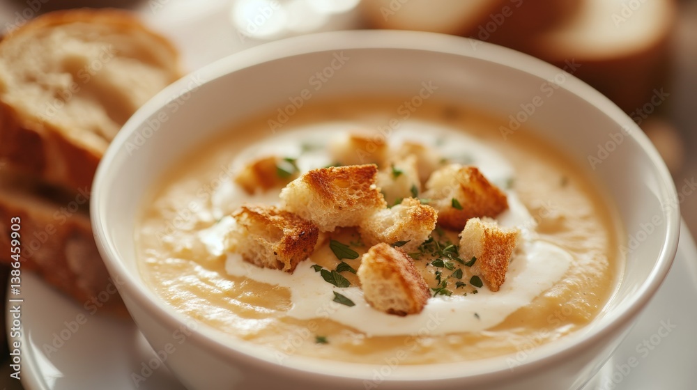 A creamy bowl of pumpkin soup with croutons and a swirl of cream. Featuring warmth and comfort A creamy bowl of pumpkin soup with croutons and a swirl of cream. Featuring warmth and comfort