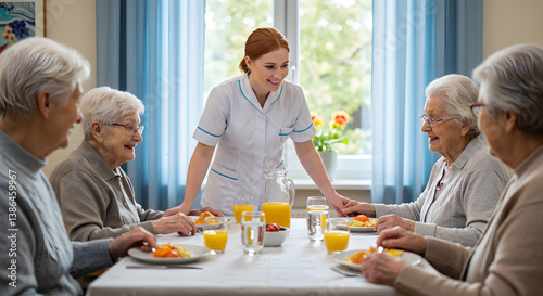 Group of Elderly Women Eating with Nurse at a Sunny Table in a Nursing Home Environment with Plates of Food and Juice photo