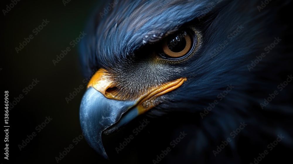 Close-up of a magnificent dark-blue bird of prey. Sharp focus on its piercing eyes and beak Close-up of a magnificent dark-blue bird of prey. Sharp focus on its piercing eyes and beak