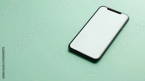 A sleek smartphone with a blank screen positioned on a soft green surface, creating a minimalist aesthetic, ideal for showcasing mobile applications or technology concepts