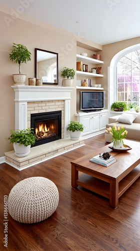 Cozy living room with fireplace, hardwood floors, and plants