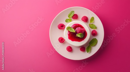 A creamy panna cotta with raspberry coulis and mint leaves. Featuring elegance and sweetness