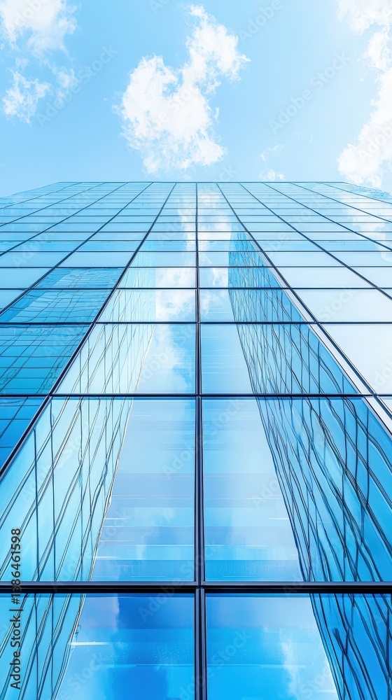 Obraz premium a photo of a tall glass building reflecting the blue sky and clouds 