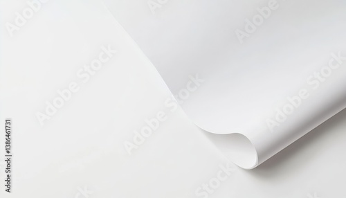 A smooth, white sheet of paper gently curling at the edge, set against a clean, minimalistic background, perfect for showcasing design concepts or artistic projects