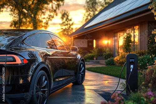 Electric Car Charging in Modern Suburban Driveway with Solar Panel Roof Under Golden Hour Sunlight