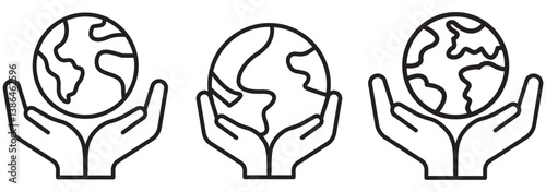 World Environment Conservation Line and Silhouette Icon Set. Hand Hold Planet Earth Pictogram. Human Protect Environmental Nature Symbol. design eps 10 
