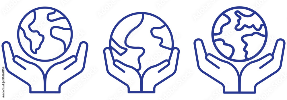 Fototapeta premium World Environment Conservation Line and Silhouette Icon Set. Hand Hold Planet Earth Pictogram. Human Protect Environmental Nature Symbol. design eps 10 