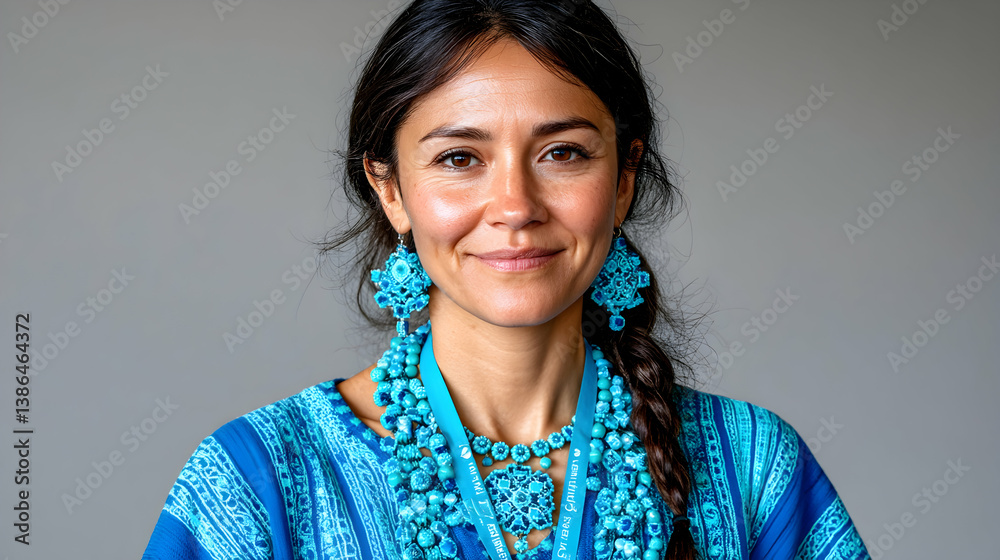 Woman with braided hair and turquoise jewelry smiles gently Woman with braided hair and turquoise jewelry smiles gently