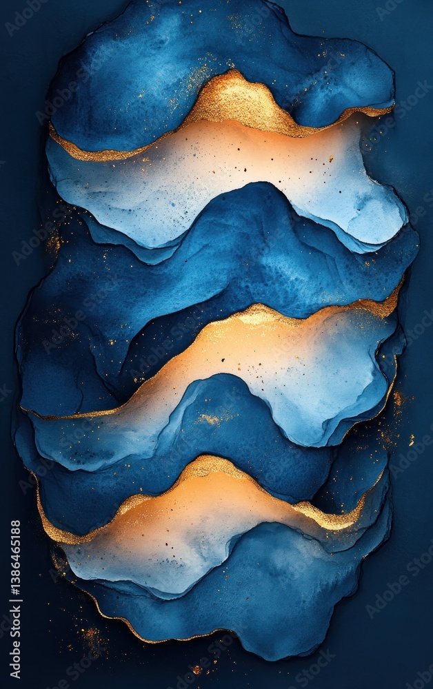 Abstract Watercolor Art Fluid Painting in Deep Navy Blue and Gold Luxury Style with White Space for Modern Decoration Abstract Watercolor Art Fluid Painting in Deep Navy Blue and Gold Luxury Style with White Space for Modern Decoration