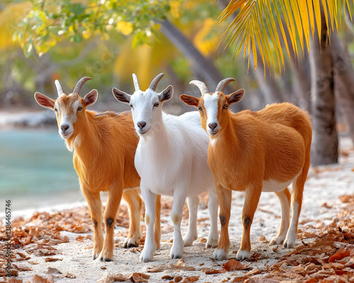 Three goats on a tropical beach