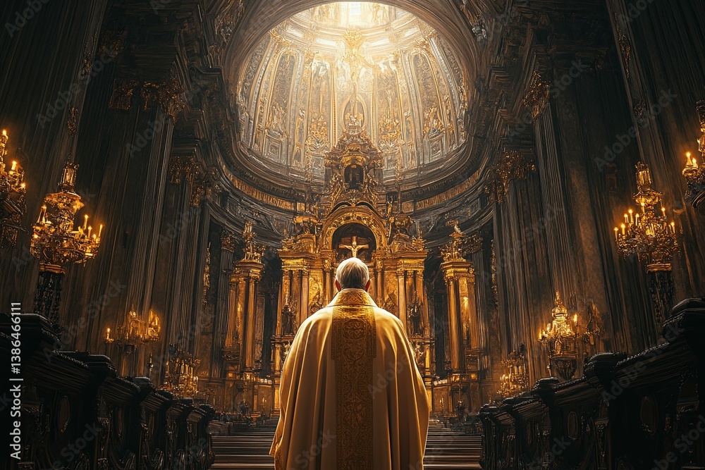 A priest stands before a grand altar in a large cathedral A priest stands before a grand altar in a large cathedral