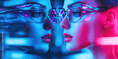 A beautiful young woman stands next to her digital doppelganger clone hologram. Creative concept for creating a digital avatar