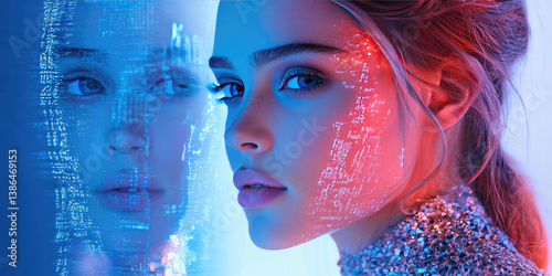 A beautiful young woman stands next to her digital doppelganger clone hologram. Creative concept for creating a digital avatar
