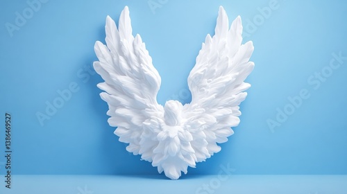 A pair of sculpted white angel wings are the focal point, displayed against a light blue background. The image is simple in composition, featuring only the wings. It is high quality, well-lit, and p photo