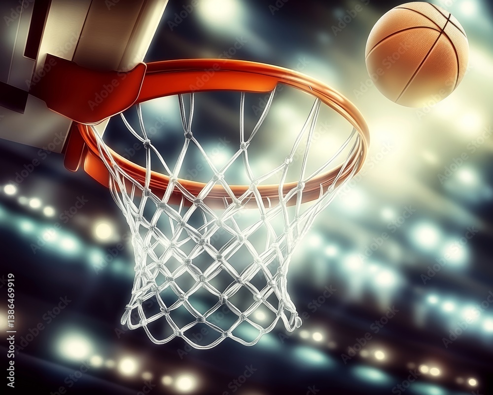 Nothing But Net. Basketball Shot From Below with Stadium Lights In The Background, Close-Up Nothing But Net. Basketball Shot From Below with Stadium Lights In The Background, Close-Up